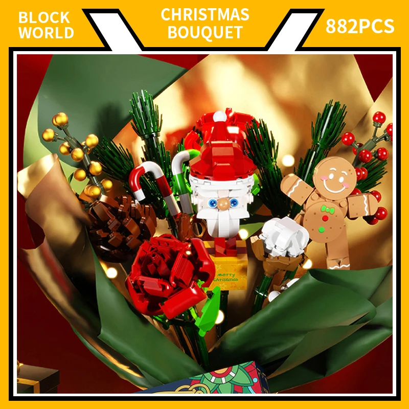 882PCS Kalėdų Gėlės Puokštė, Statyba Blokai Plastiko Santa Claus Pav Briedžių Medžio, Plytų su Šiltu LED Šviesos Vaikiškų