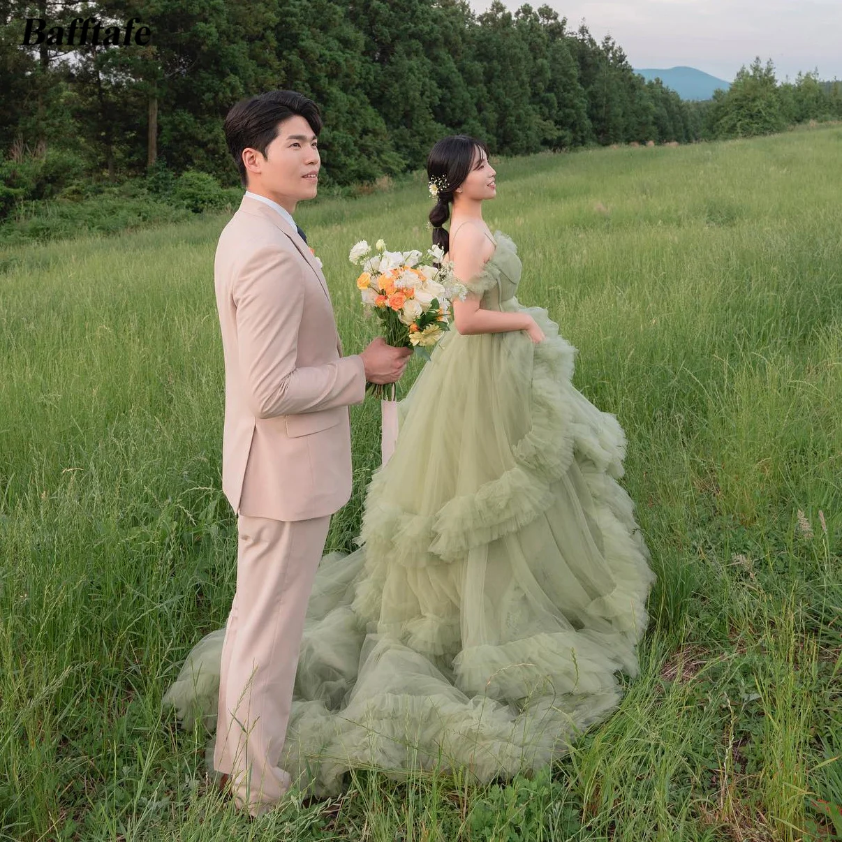 Bafftafe Pasakų Žalia Tiulio Ilgai Prom Dresses Korėjoje Vestuvių Fotografija Pakopų Dirželiai Vakare Chalatai Princesė Oficialų Šalis Suknelė