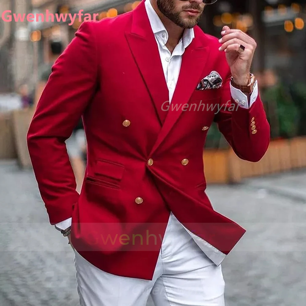 Gwenhwyfar Atsitiktinis Raudona Dvigubo Breasted Vyrų Kostiumai su Baltos Kelnės Slim Fit Prom Jaunikis Tuxedos Vestuvių Dėvėti 2 Gabalas Fashion Švarkas