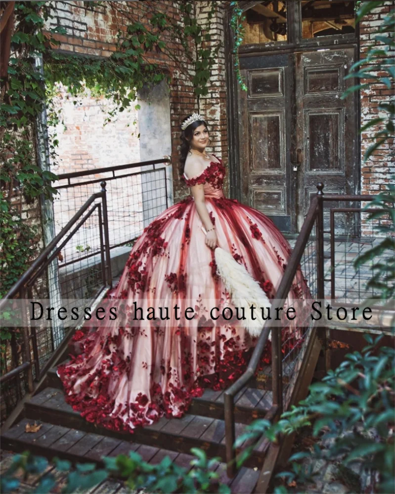 Nauja siunta Raudona Quinceanera Suknelės, Puošnios Oficialų Prom 3D Gėlės Baigimo Chalatai Princesė Vestidos De 15 Años 2023